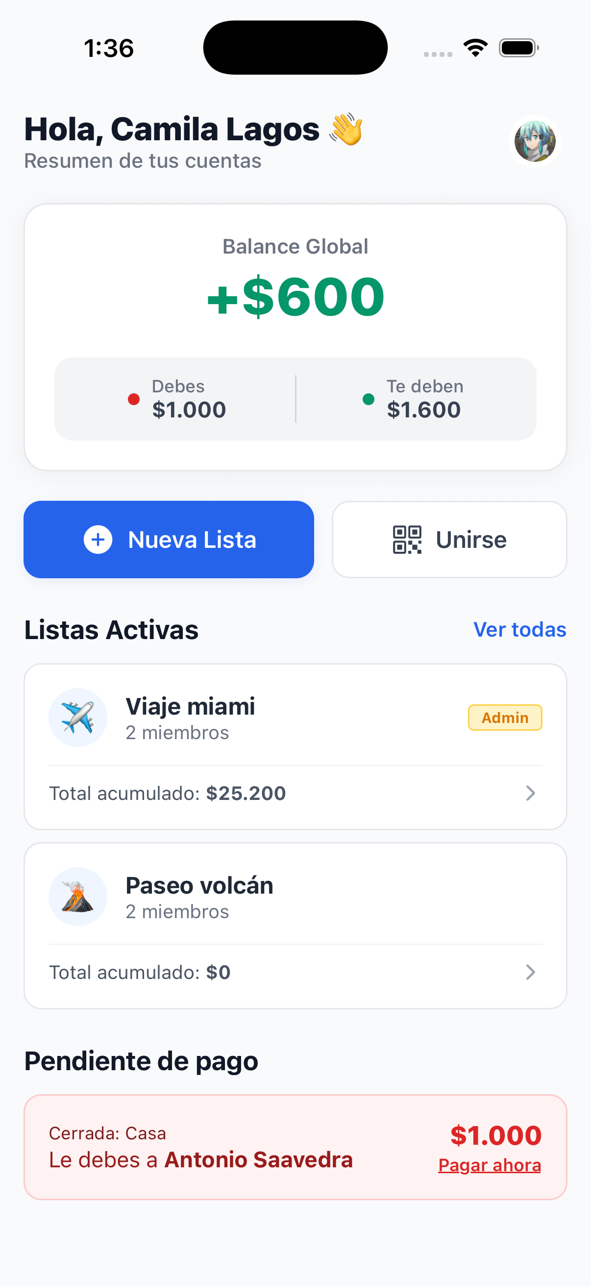 Pantalla principal de la app Splitly